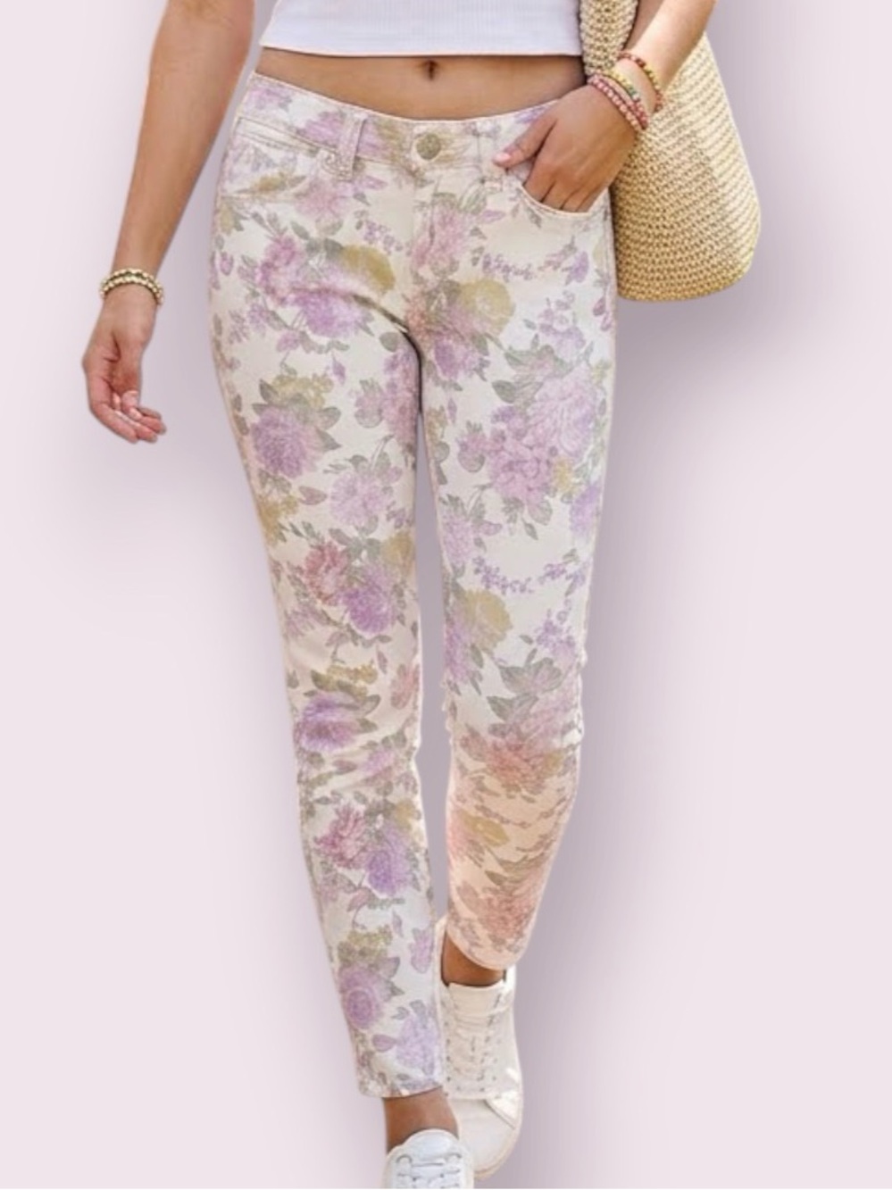 Seven7 Floral Skinny Jeans Tummyless Fit Cream Pink Green Size 10